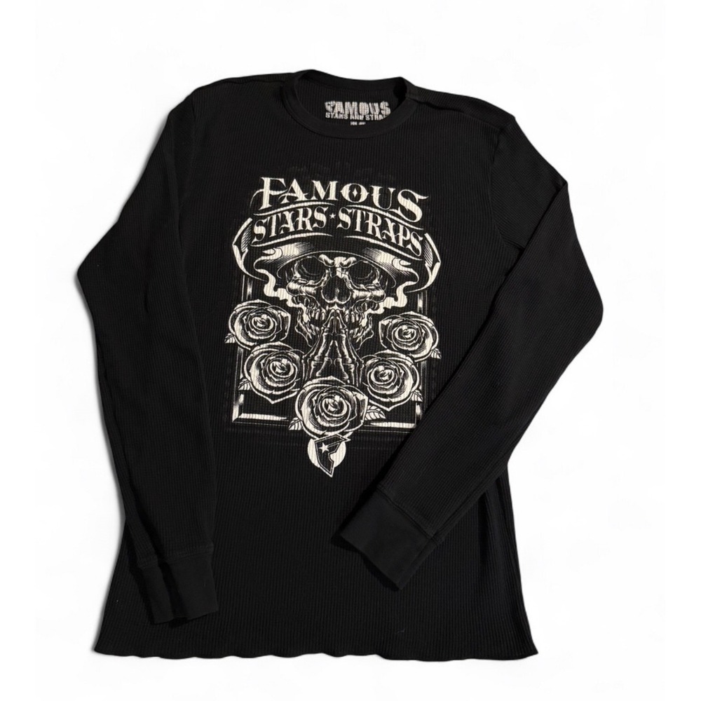 Famous Stars and Straps Mens Black Thermal Long Sleeve Skull Rose Y2K Shirt M - Picture 3 of 7